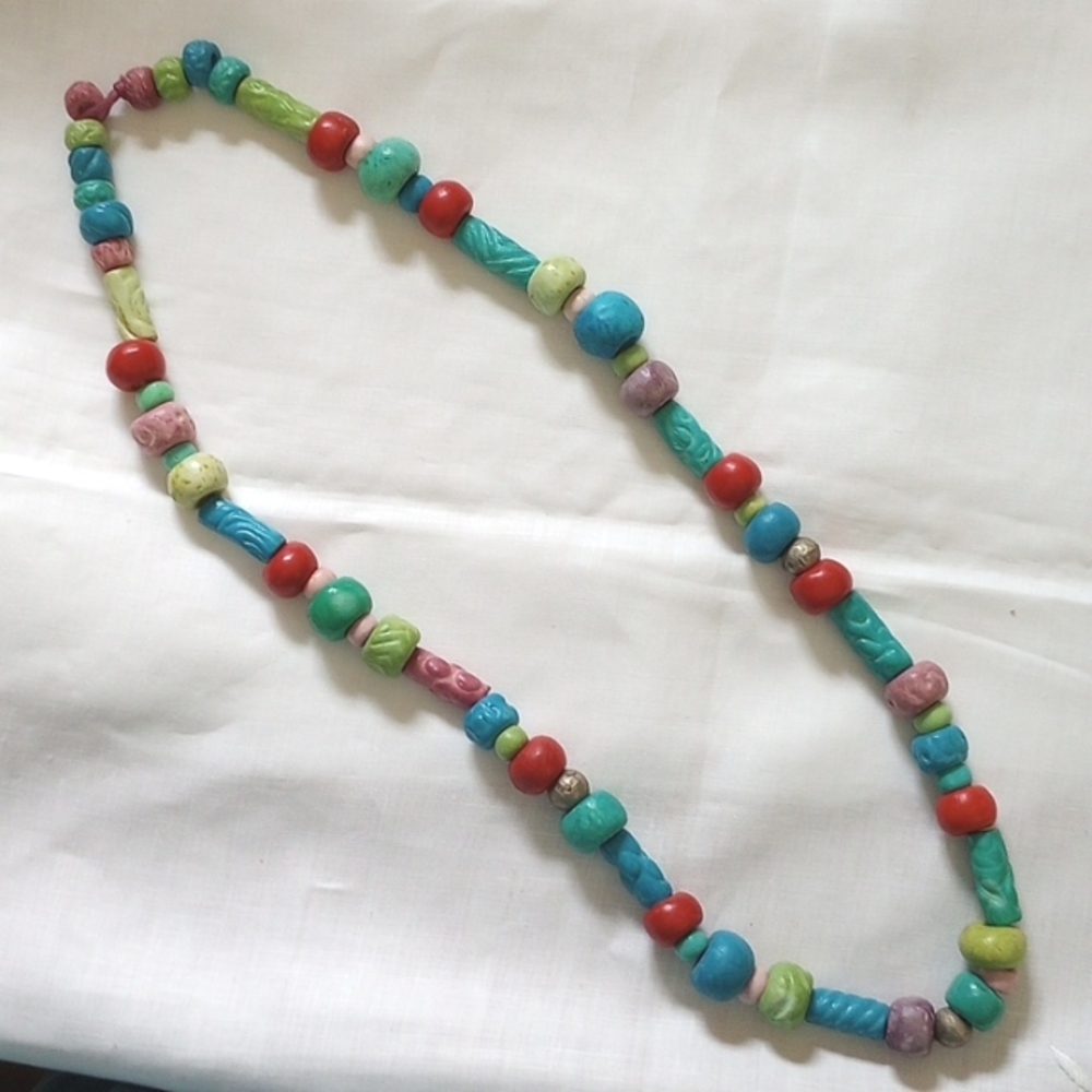 Vibrant colorful artisan chunky handmade terracotta bead necklace, 30 in